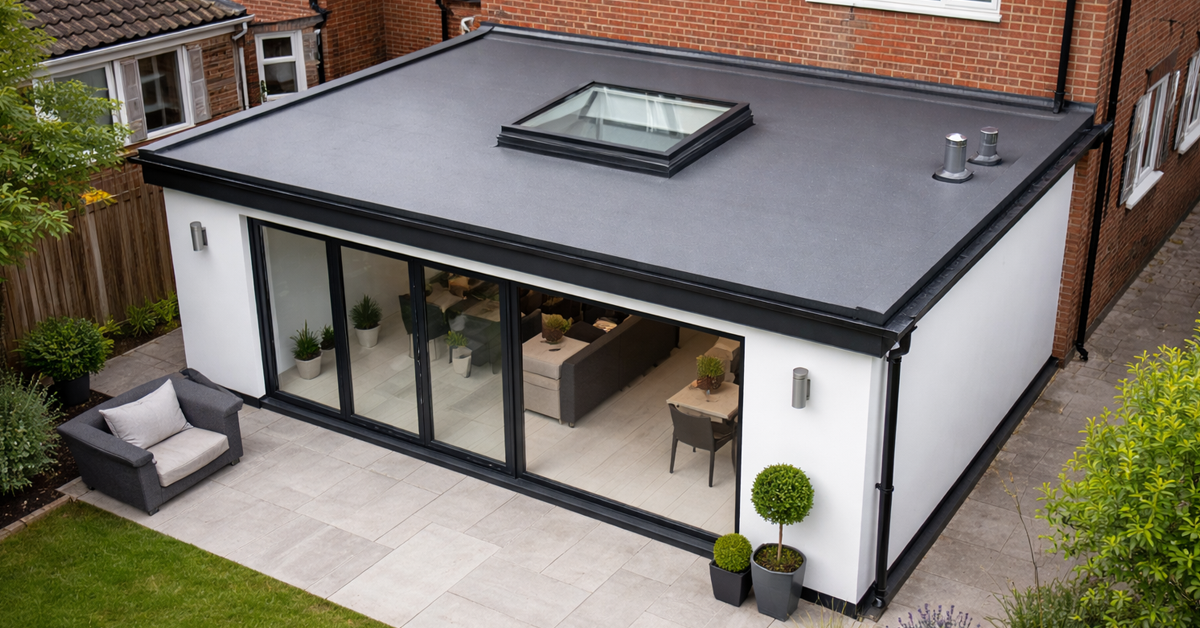Flat rubber roof on a modern extension